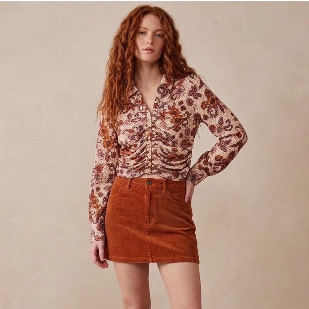 Free People I Got You Top Womens M Orange Floral Ruched Smocked Blouse NWT